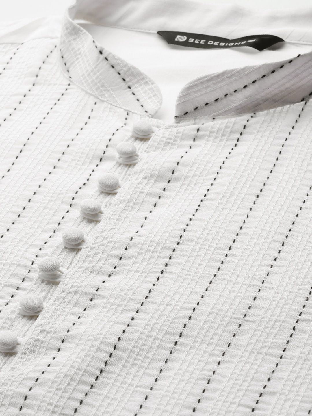 See Designs Mandarin Collar Striped Embroidered Kantha Work Pure Cotton Straight Kurta