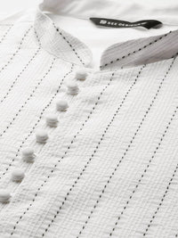 See Designs Mandarin Collar Striped Embroidered Kantha Work Pure Cotton Straight Kurta