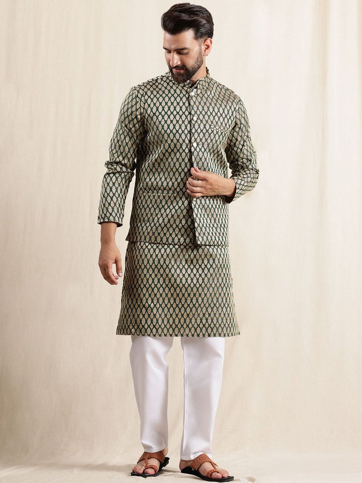 Anouk Floral Woven Design Mandarin Collar Straight Kurta With Pyjamas & Nehru Jacket