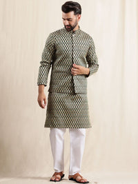 Anouk Floral Woven Design Mandarin Collar Straight Kurta With Pyjamas & Nehru Jacket