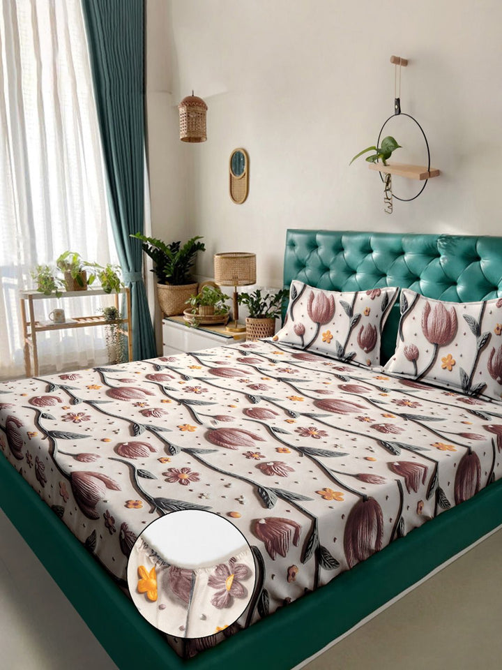 KLOTTHE Cream & Brown Floral Printed Fitted 300 TC King 7D Bedsheet With 2 Pillow Cover