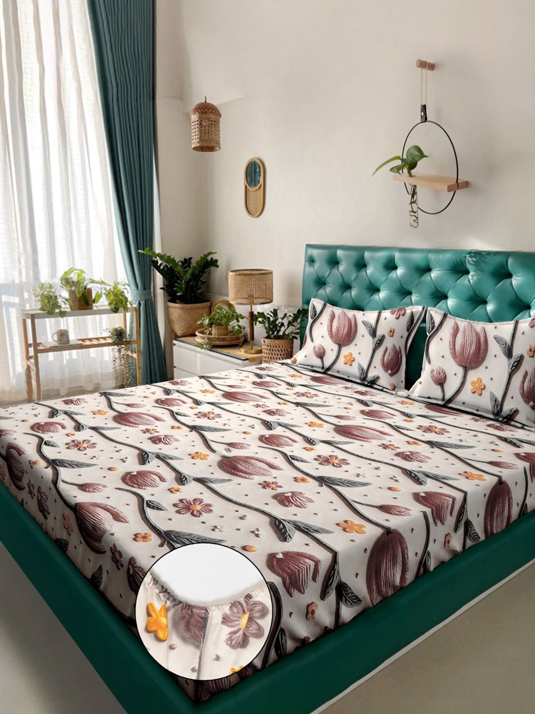 KLOTTHE Cream & Brown Floral Printed Fitted 300 TC King 7D Bedsheet With 2 Pillow Cover