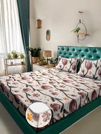 KLOTTHE Cream & Brown Floral Printed Fitted 300 TC King 7D Bedsheet With 2 Pillow Cover
