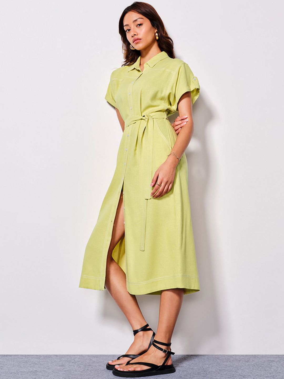 AND Women Shirt Collar Wrap Midi Dress