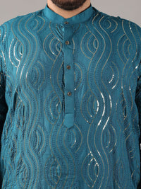 SOJANYA PLUS Size Floral Embroidered Band Collar Sequin Cotton Straight Kurta
