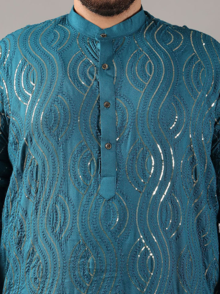 SOJANYA PLUS Size Floral Embroidered Band Collar Sequin Cotton Straight Kurta