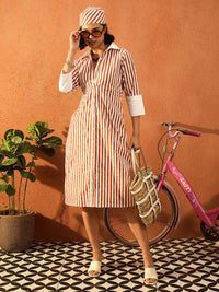 Pink Paprika by SASSAFRAS Women Striped Shirt Collar Cotton A-Line Midi Dress