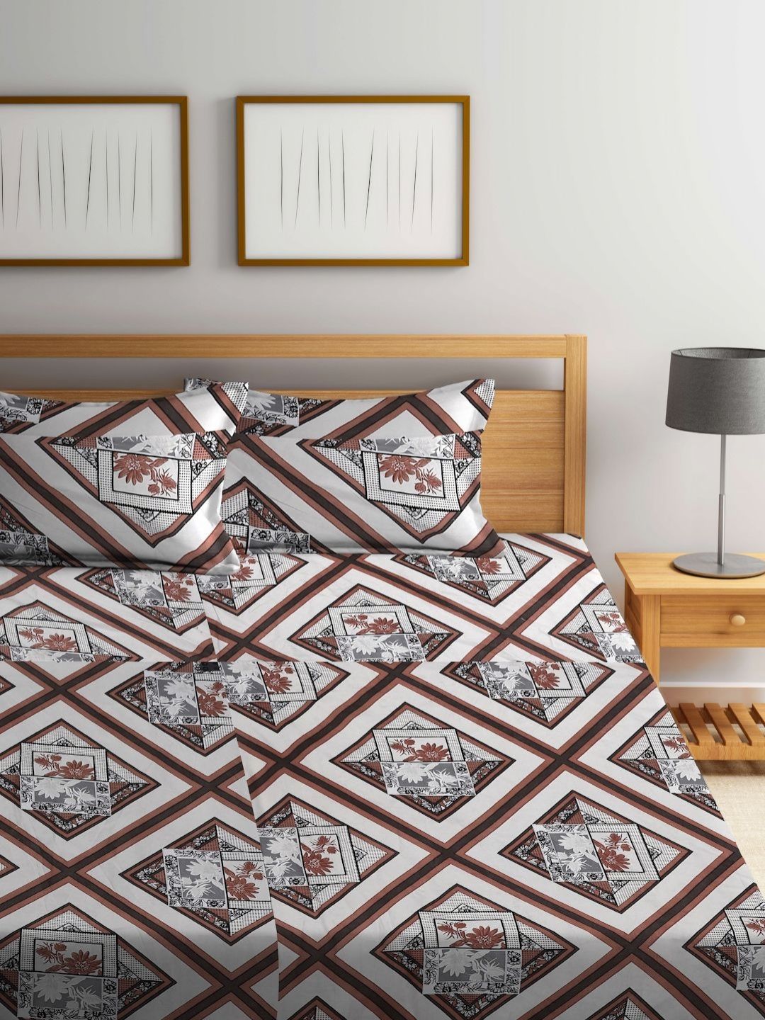 Myntra Elegant Homes White Geometric Cotton 300 TC Fitted Super King Fine Bedsheet with 2 Pillow Covers-106 x 106 inches