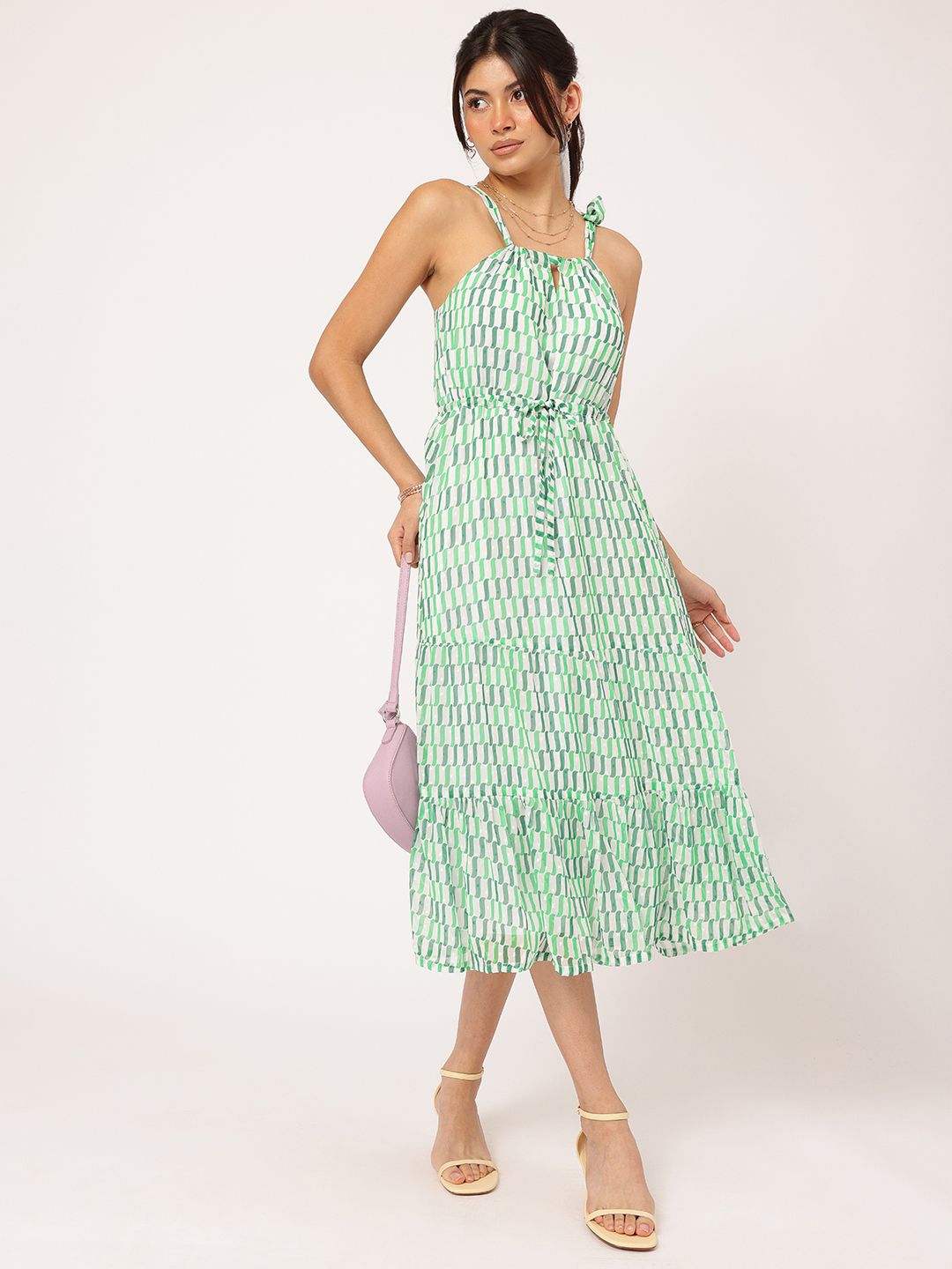 DressBerry Dreamy Delicate Tie-Up Printed Tiered Midi Dress