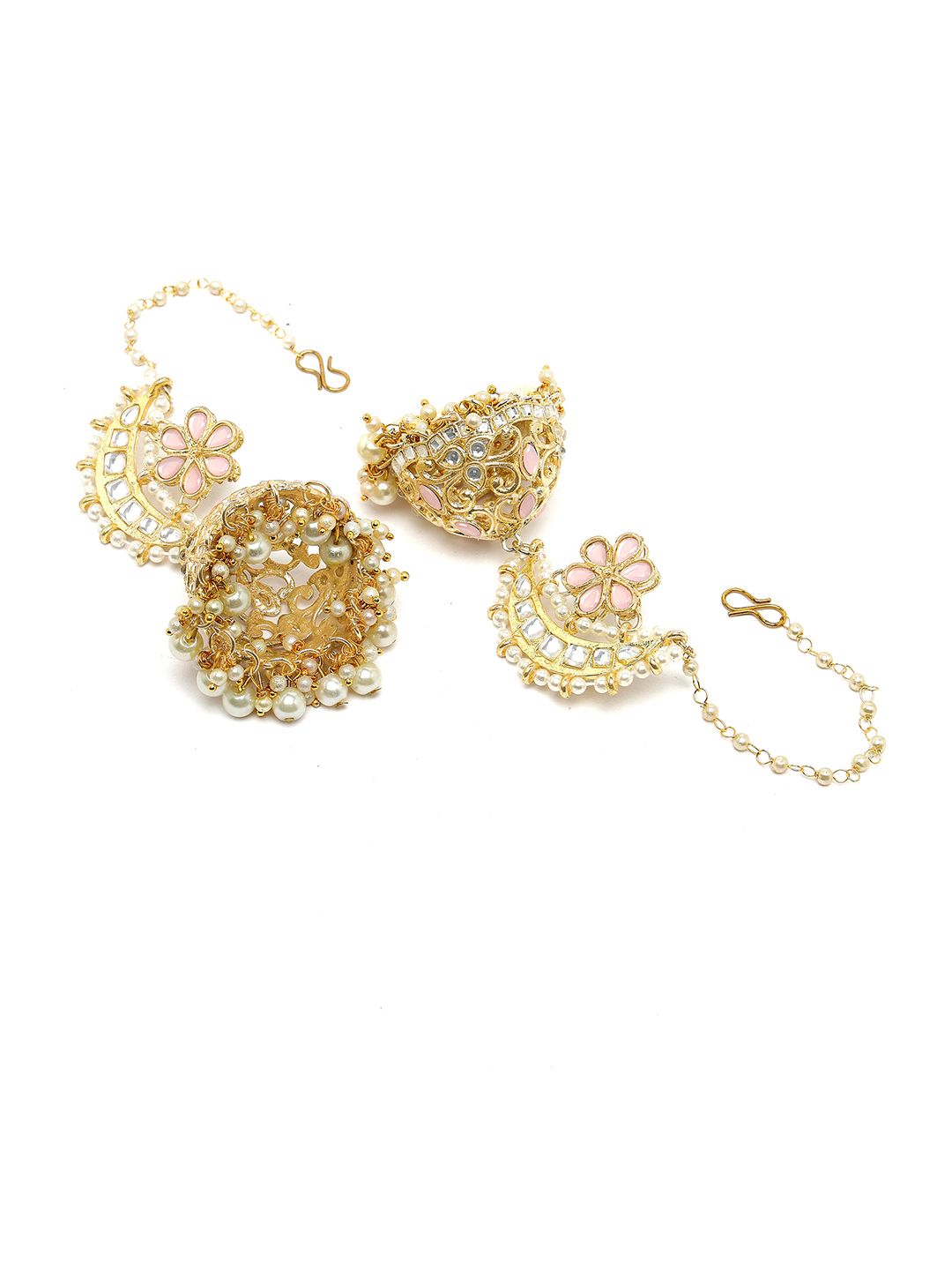 KARATCART Gold Plated Kundan Studded & Beaded Dome Shaped Jhumkas