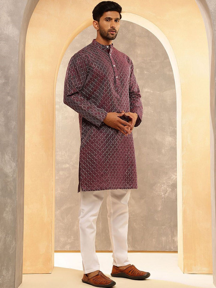 Anouk Geometric Embroidered Thread Work Band Collar Silk Cotton Kurta with Pyjamas