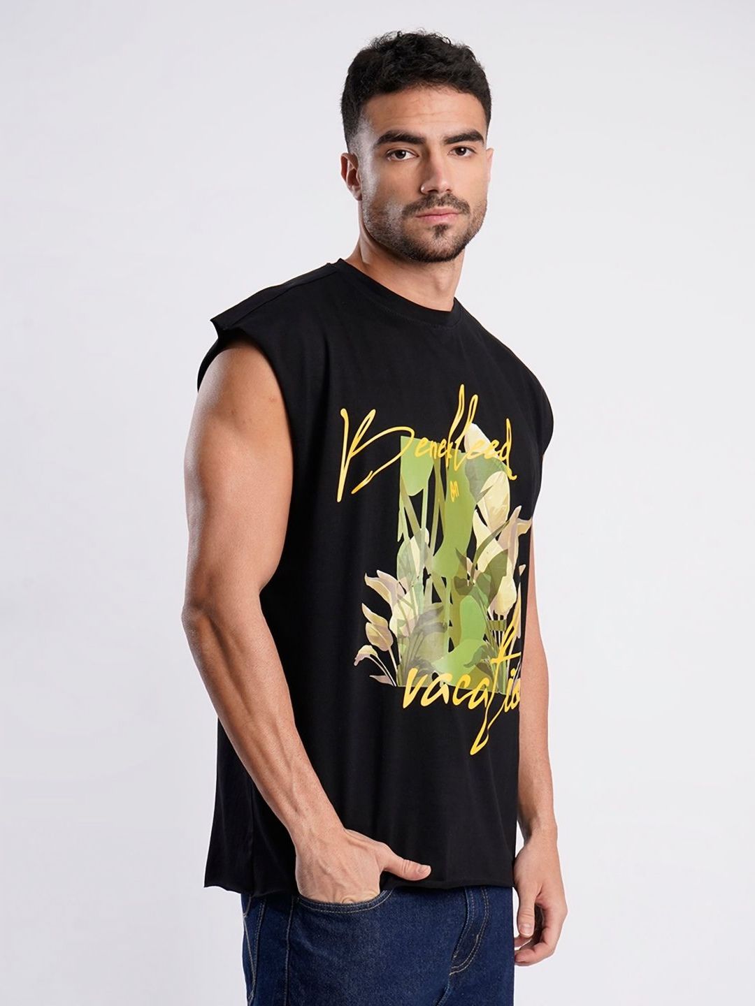 Bene Kleed Men Printed Extended Sleeves Raw Edge T-shirt