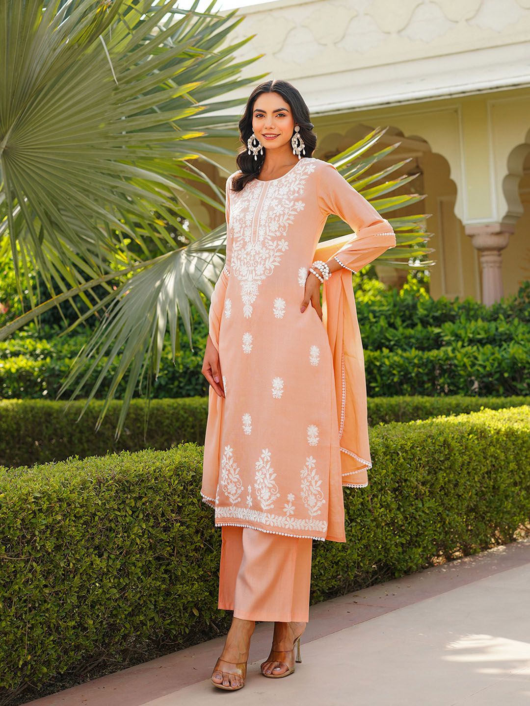 KALINI Floral Embroidered Round Neck Thread Work Kurta With Palazzos And Dupatta