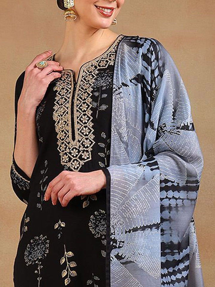 KALINI Floral Printed Regular Zari Straight Kurta with Trousers & Dupatta