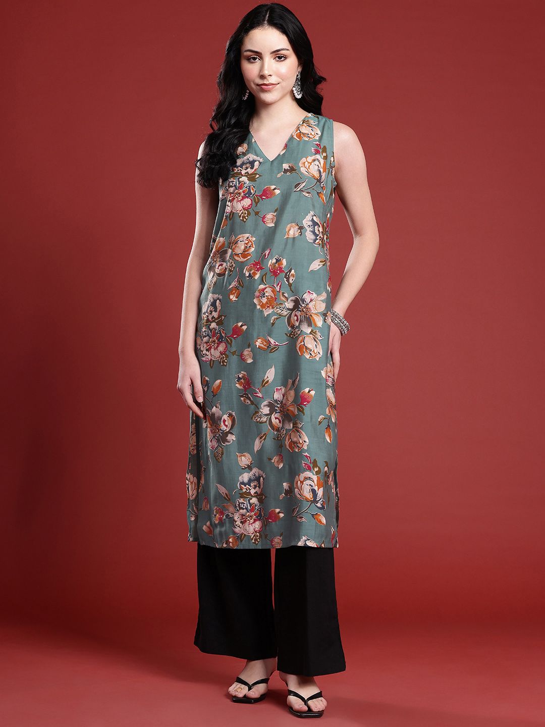 Anouk Floral Print Straight Kurta