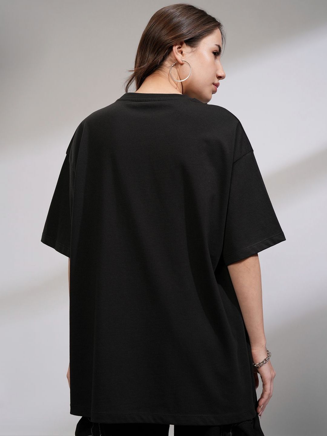 Tokyo Talkies Women Solid Oversize Fit Chest and Back Print T-Shirt
