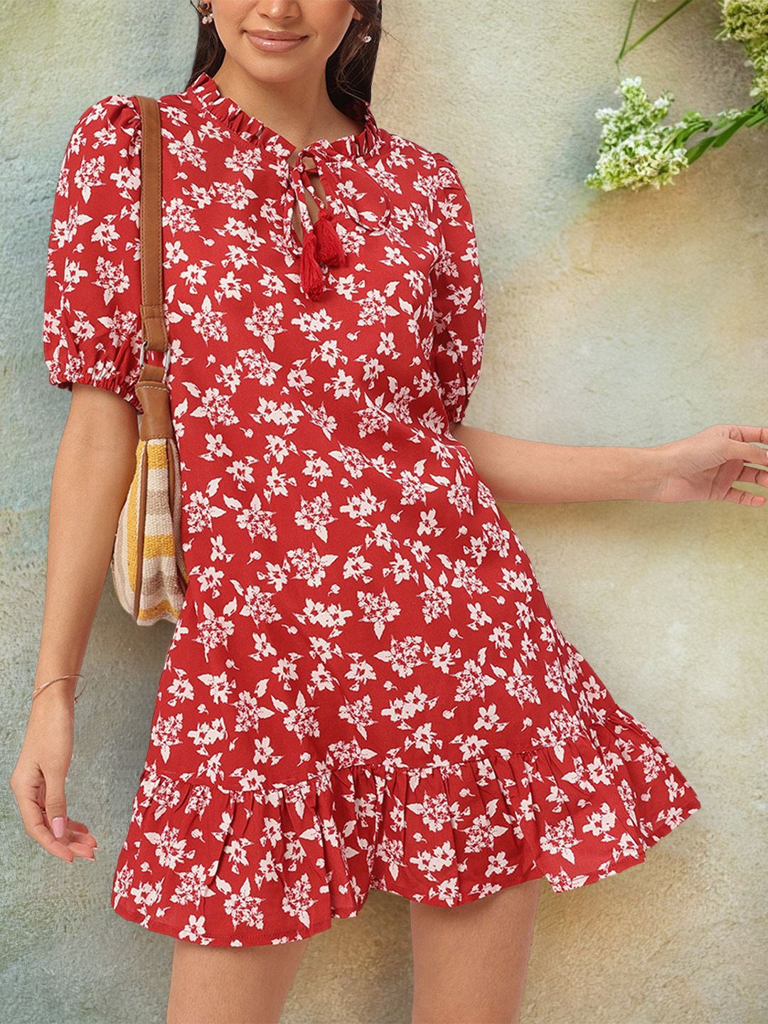 DressBerry Spring Romantics Floral Print Tie-Up Neck Mini Sheath Dress