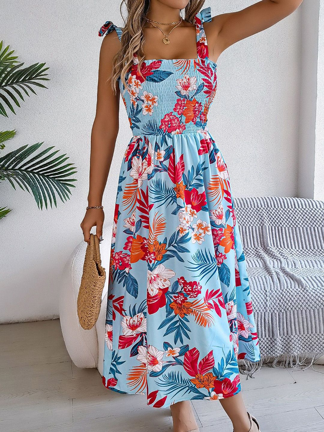 all about you Women Floral Printed Smocked Shoulder Straps Fit & Flare Midi Dress