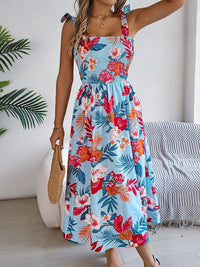 all about you Women Floral Printed Smocked Shoulder Straps Fit & Flare Midi Dress