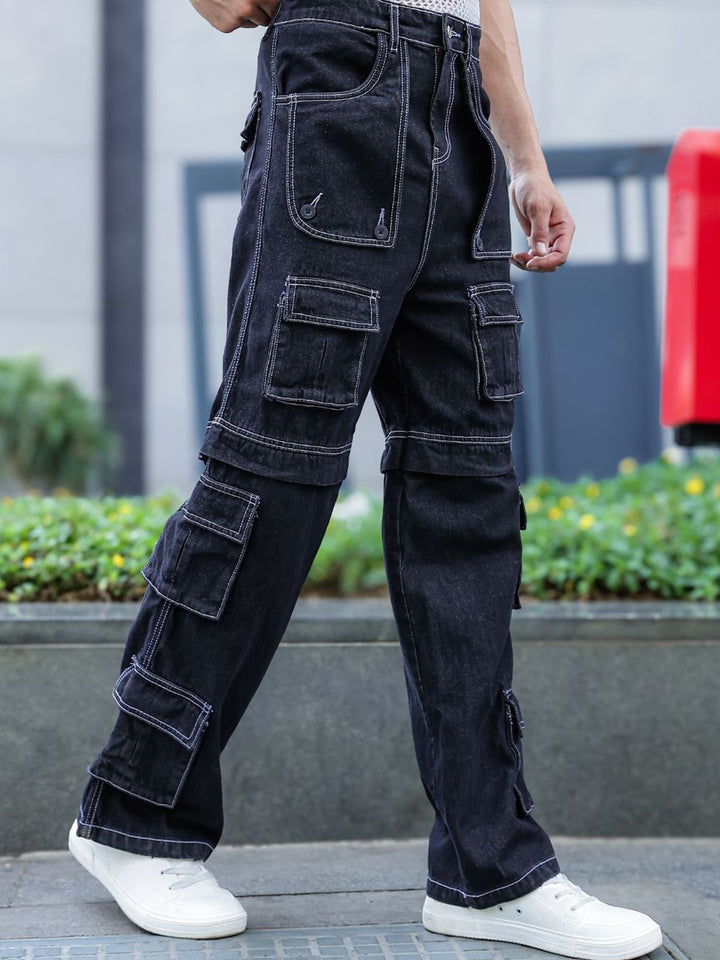 Eszett Lelaki Black Comfort Baggy Seluar Gaya Kargo Pertengahan