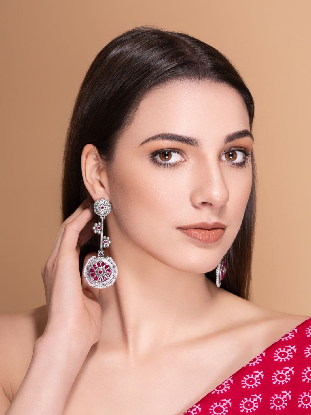 PANASH Silver-Plated Stones Studded Contemporary Shaped Oxidized Drop Earrings