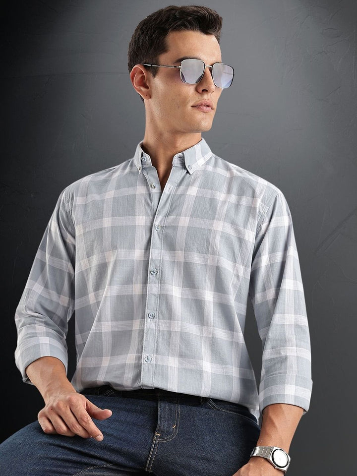 ADRO Tartan Checked Spread Collar Baju Kasual Kapas Lengan Panjang