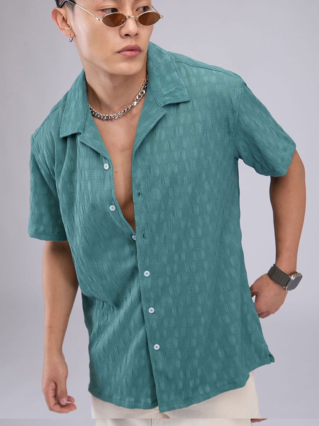 VASTRADO Men Classic Cuban Collar Textured Oversized Casual Shirt