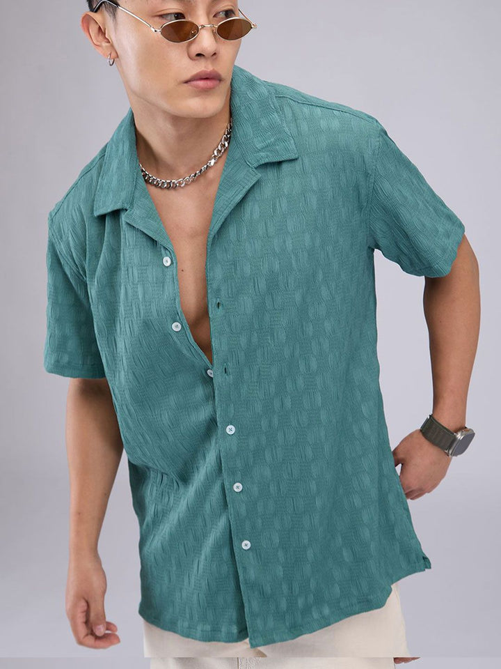 VASTRADO Men Classic Cuban Collar Textured Oversized Casual Shirt