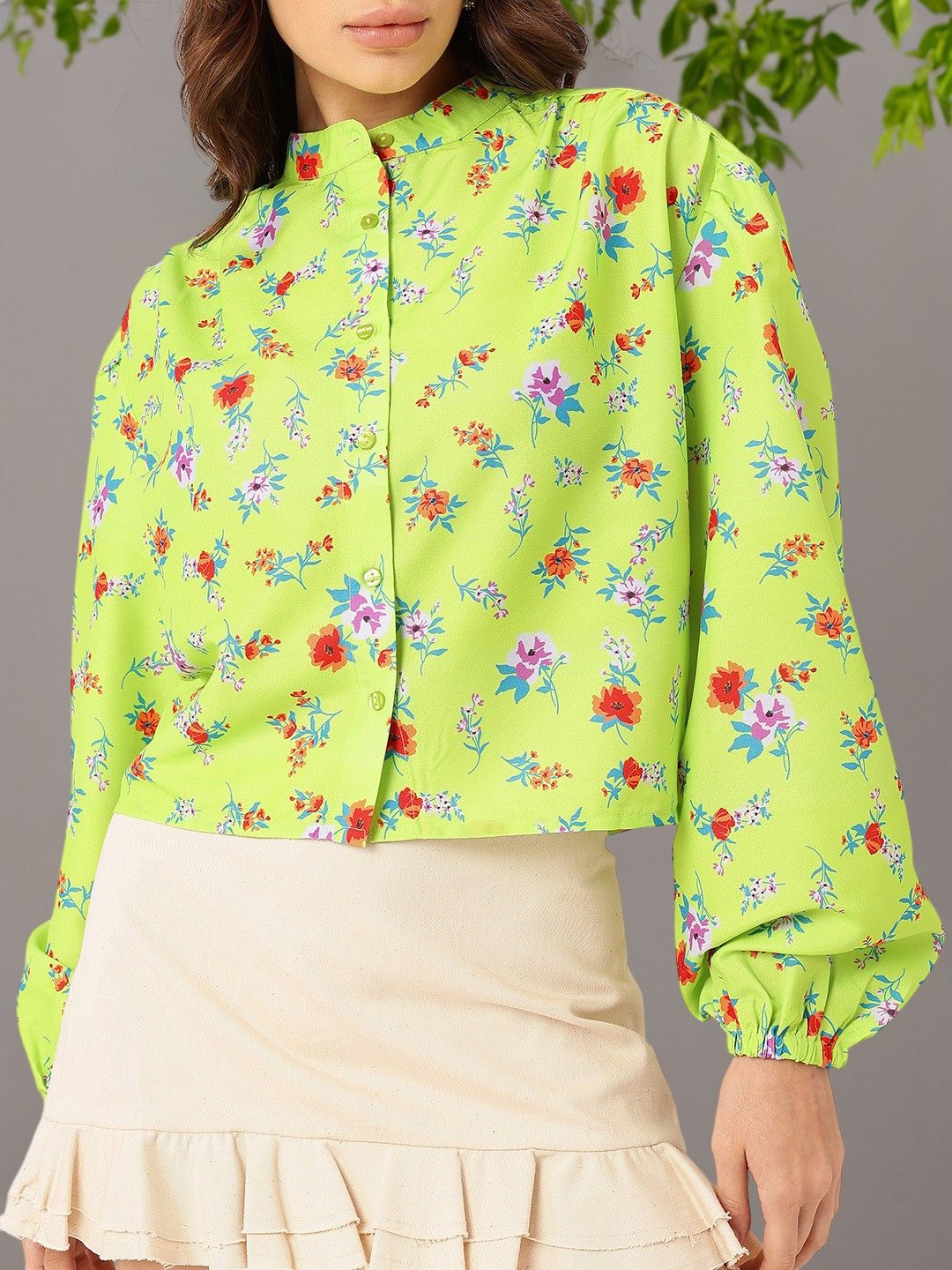 DressBerry Stylish Blossoming Printed Gathers Boxy Casual Shirt