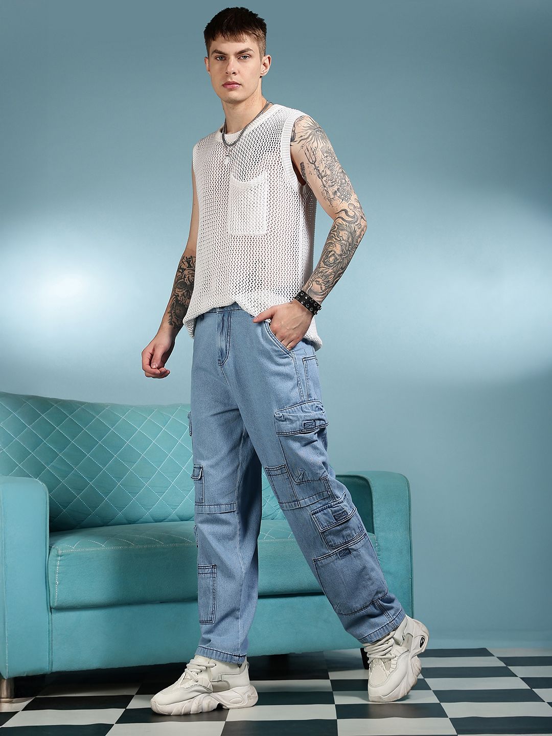 Eszett Men Blue Santai Slim Fit High-Rise Seluar Denim Cargos Mudah Dicuci