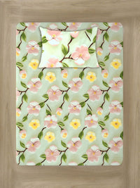 KLOTTHE Green & Pink Floral Printed Flat 300 TC Single Cadar 7D Dengan Sarung Bantal