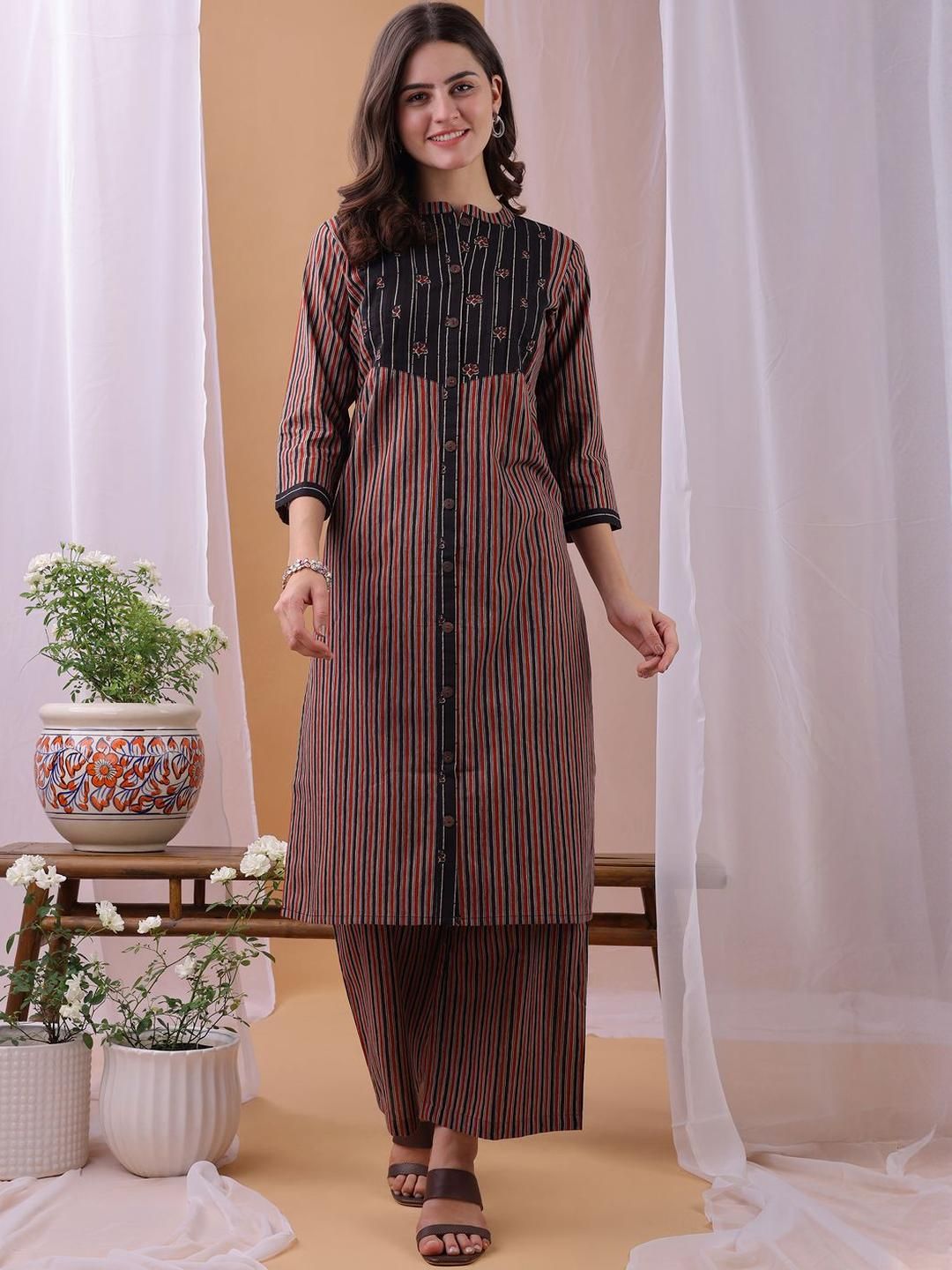 KALINI Women Printed Striped Pure Cotton Kurta with Palazzo