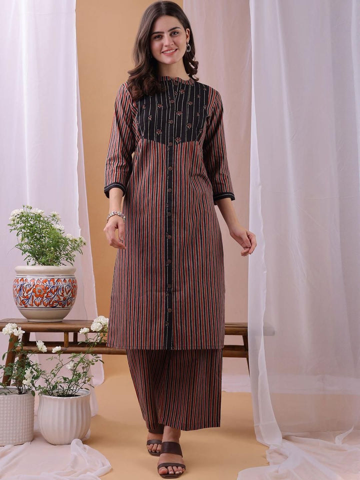 KALINI Women Printed Striped Pure Cotton Kurta with Palazzo