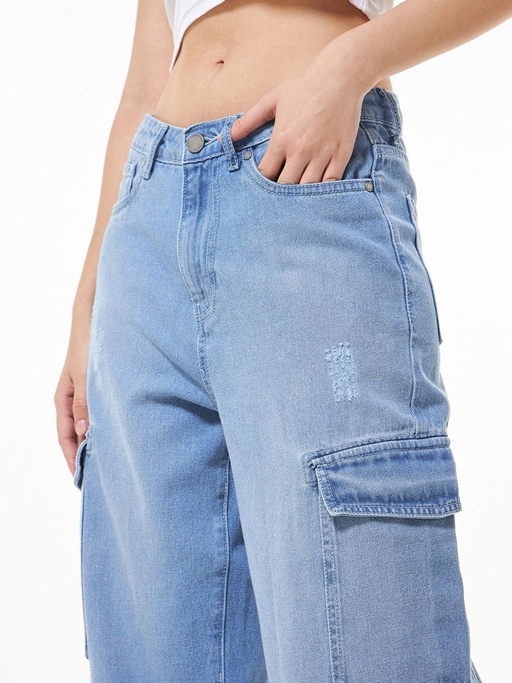 Bewakoof Women Straight Fit High-Rise Low Distressed Light Fade Cotton Cargo Jeans
