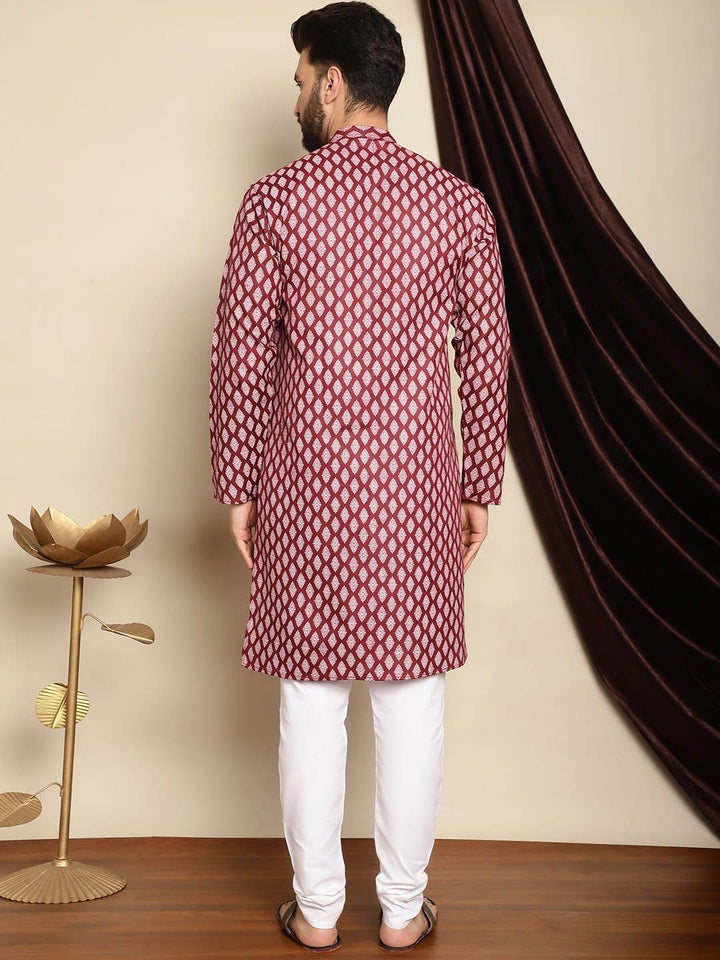 Anouk Maroon Mandarin Collar Ethnic Motifs Printed Straight Kurta with Pyjamas