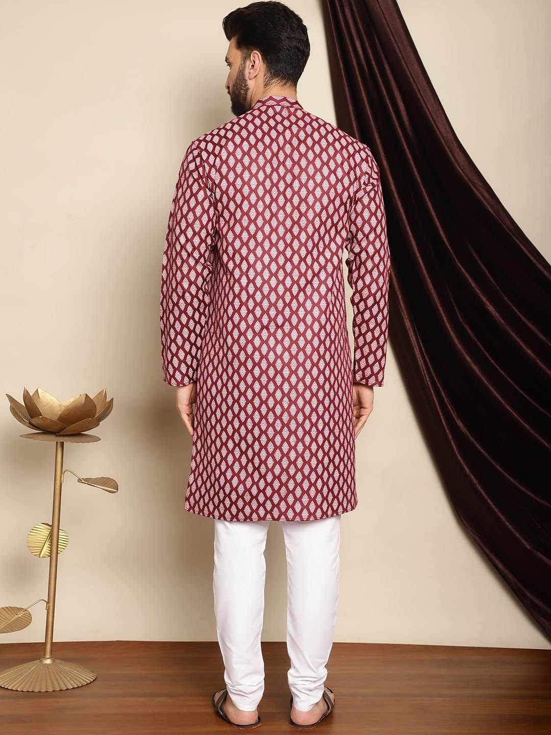 Anouk Maroon Mandarin Collar Ethnic Motifs Printed Straight Kurta with Pyjamas