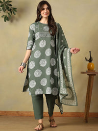 Mamicha Women Ethnic Motifs Printed Regular Thread Work Pure Cotton Kurta with Trousers & With Dupatta