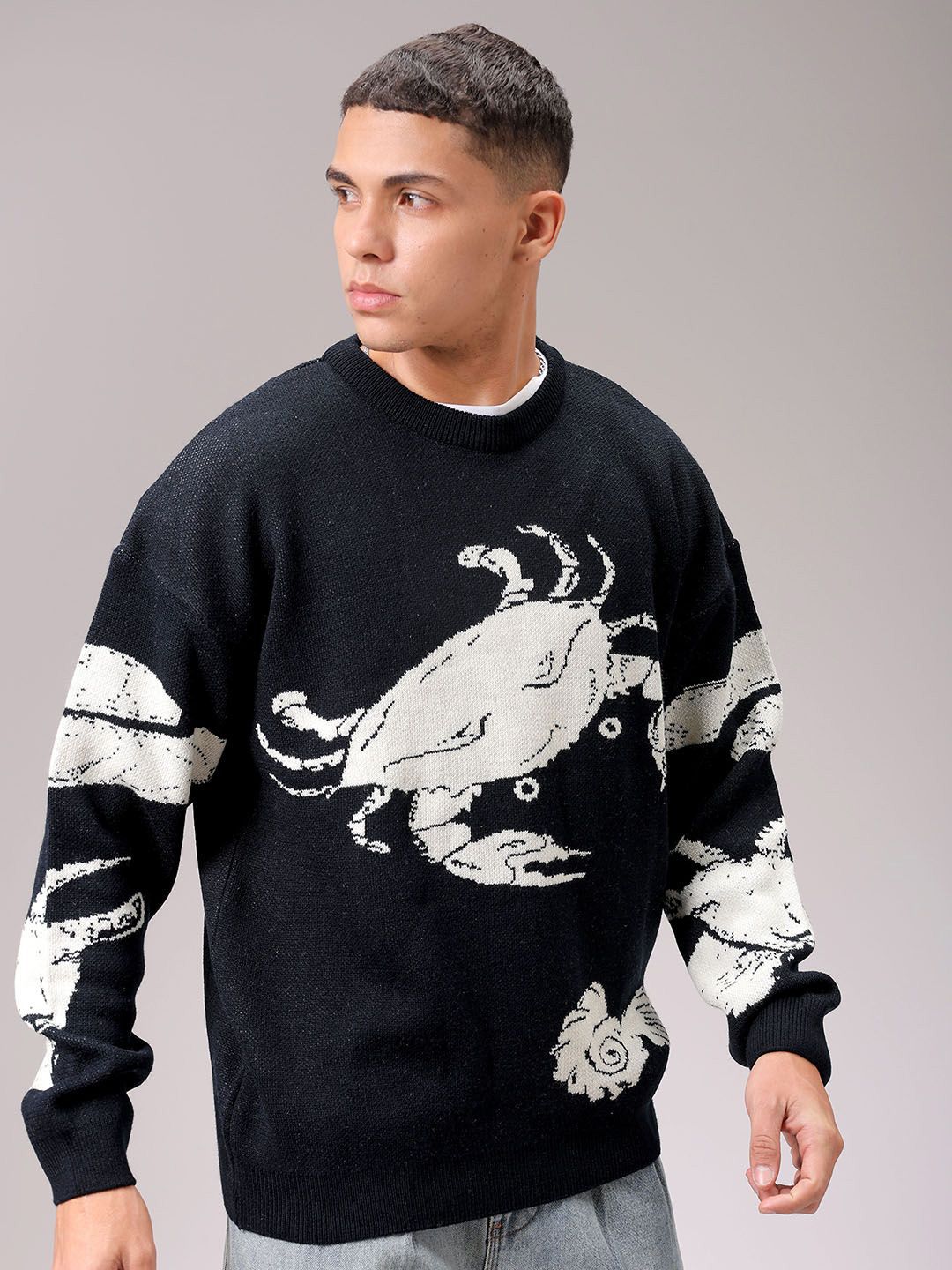The Indian Garage Co Men Acrylic Graphic Printed Round Neck Pullover Sweaters