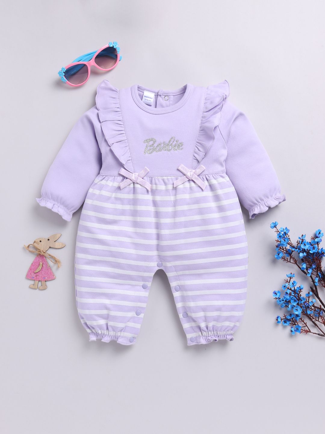 Moms Love Infant Girls Striped Pure Cotton Rompers With Ruffle Detail
