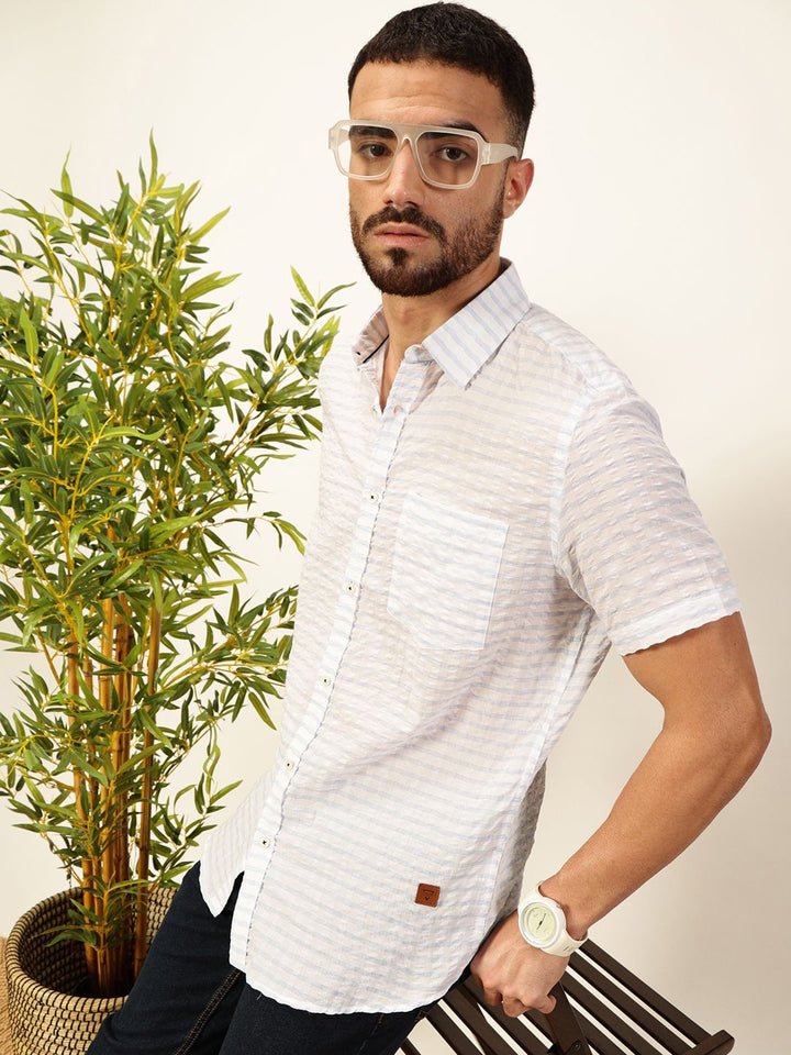 Thomas Scott Premium Spread Collar Seersucker Checks Pure Cotton Casual Shirt