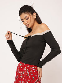 DressBerry Sweet & Spicy Bow-Detail Off-Shoulder Ribbed Top