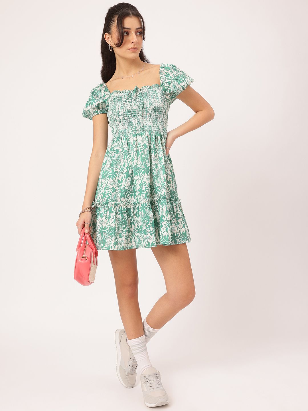 DressBerry Timelessly Trendy Printed Smocked Fit & Flare Mini Dress