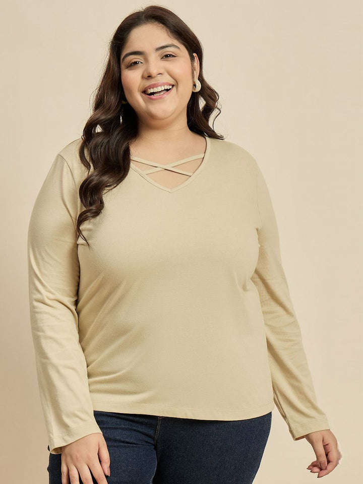 CURVY STREET Women Solid V-Neck Cotton Plus Size T-shirt