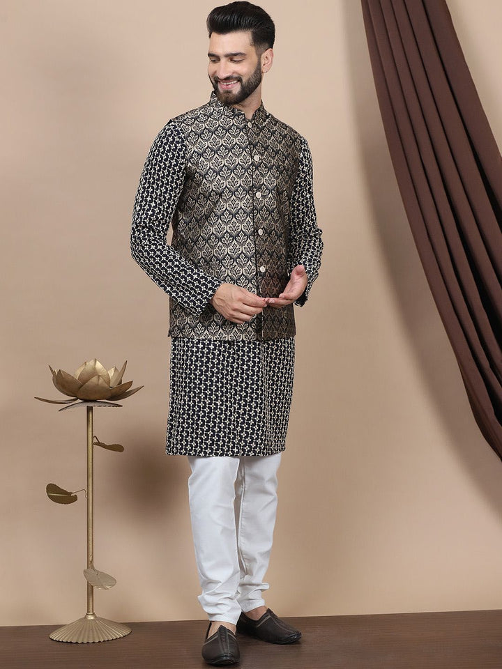 Anouk Geometric Embroidered Pure Cotton Straight Kurta With Churidar & Nehru Jacket