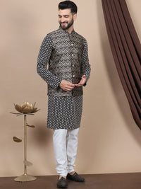 Anouk Geometric Embroidered Pure Cotton Straight Kurta With Churidar & Nehru Jacket