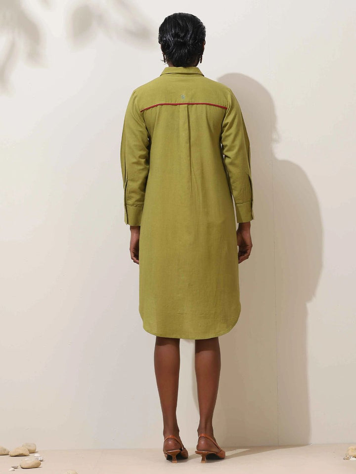 trueBrowns Women Pear Green Shirt Collar Cotton Shirt Dress