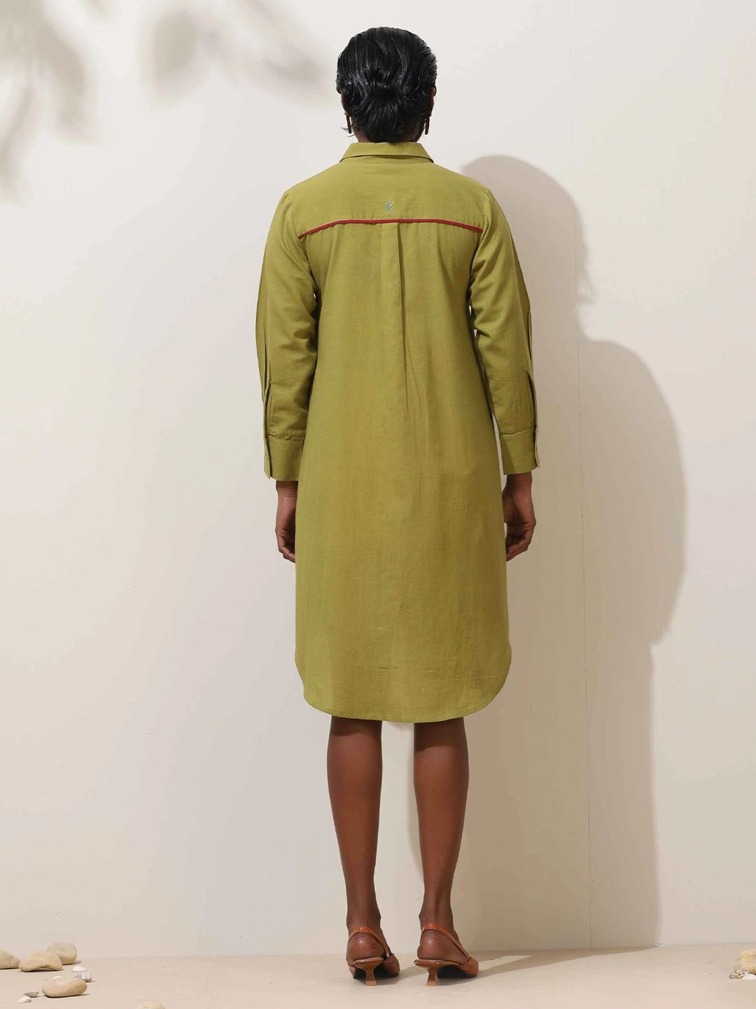 trueBrowns Women Pear Green Shirt Collar Cotton Shirt Dress