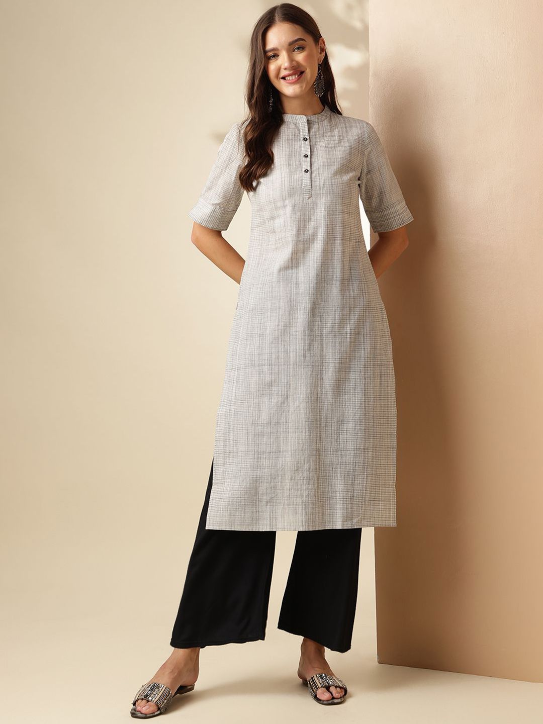 Anouk Grey Striped Woven Design Mandarin Collar Short Sleeves Pure Cotton Kurta