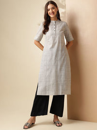 Anouk Grey Striped Woven Design Mandarin Collar Short Sleeves Pure Cotton Kurta