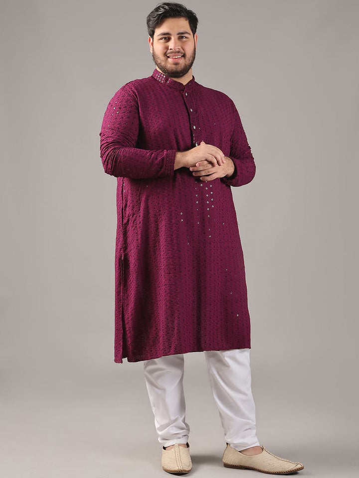 SOJANYA PLUS Plus Size Lelaki Motif Etnik Sulam Kapas Tulen Kurta Lurus & Piyama